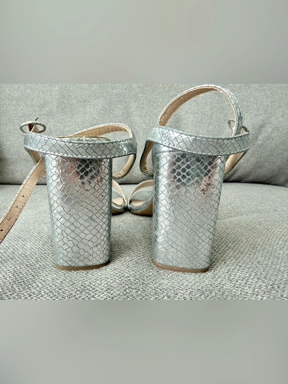 Primark Silver Snake Print Block Heel Sandals Women’s US 8 EU 39 Ankle Strap